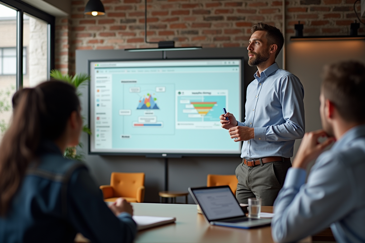 Homme présentant stratégie marketing sur tableau digital