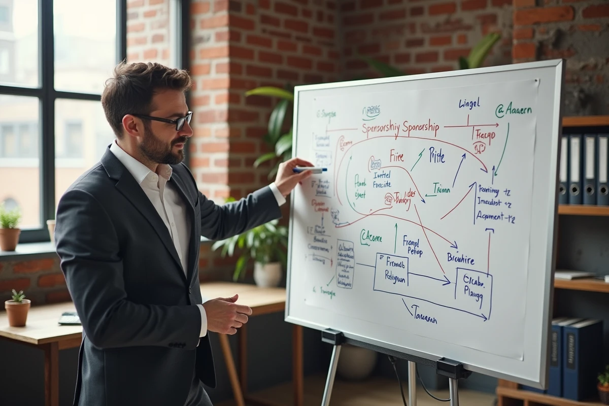 Un professionnel pr&eacute;sentant un sch&eacute;ma de strat&eacute;gie de sponsorship sur un tableau blanc dans un espace de travail moderne