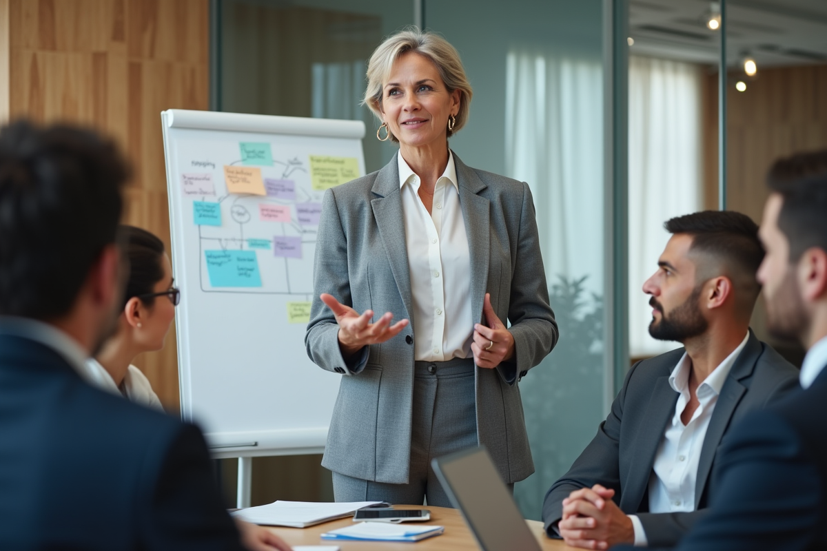 Femme CEO présentant une stratégie à une équipe en réunion