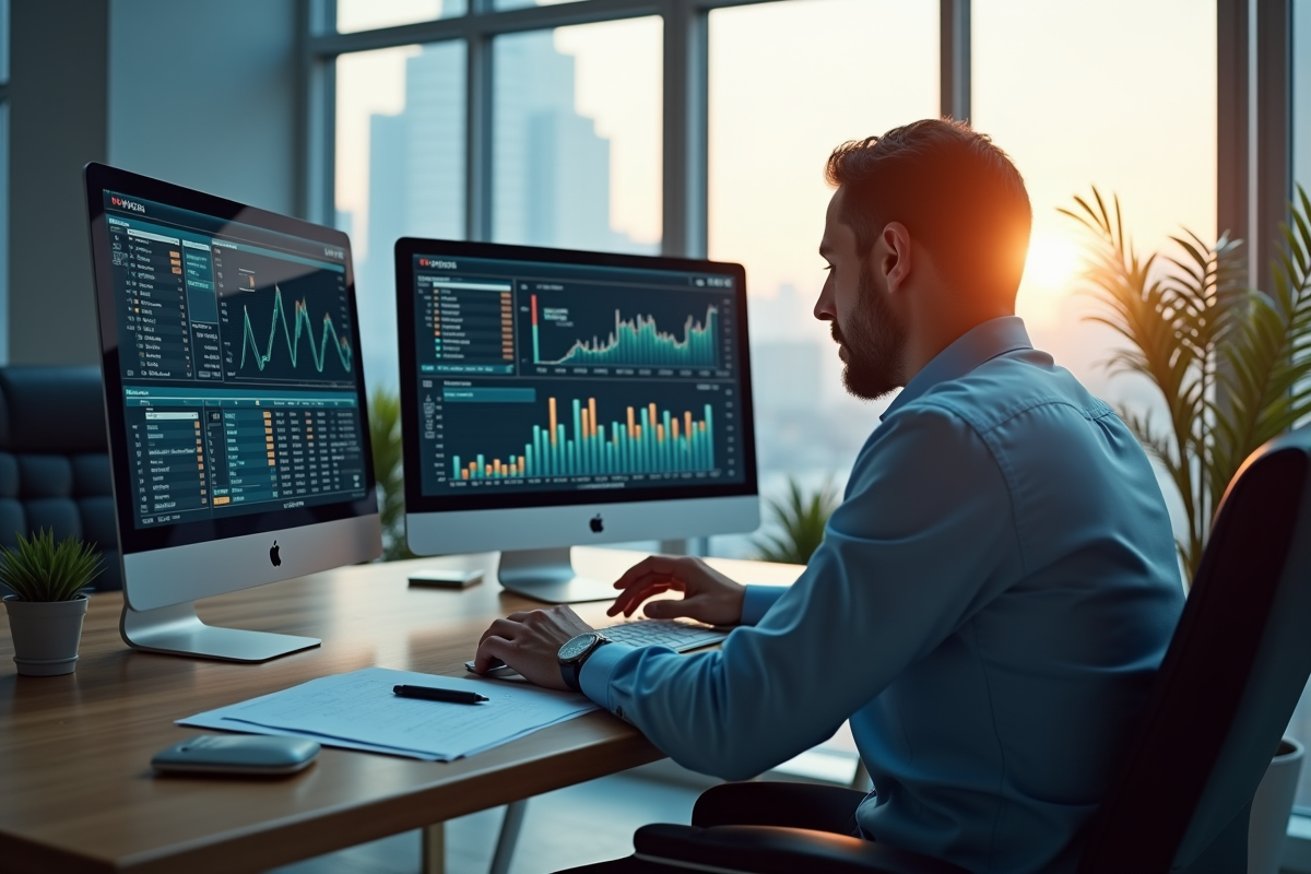 Professionnel au bureau analysant des graphiques et données