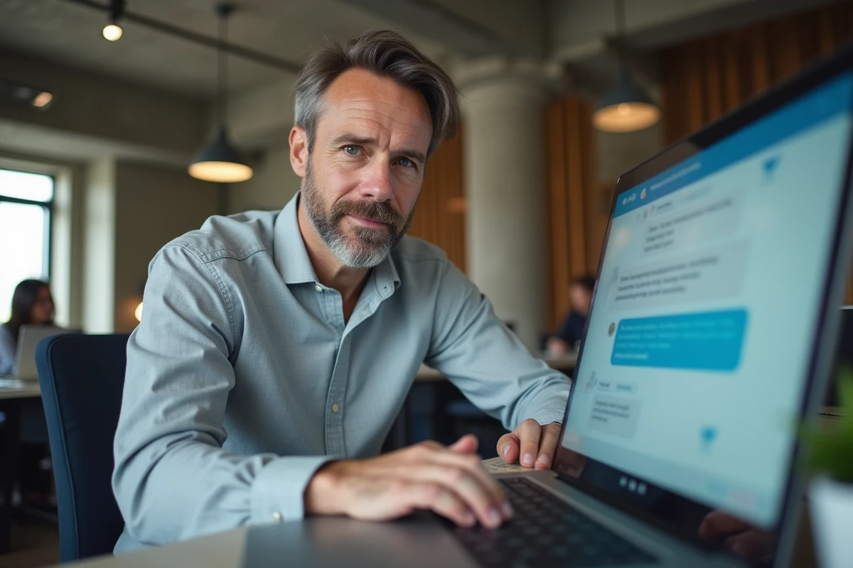 Professionnel en téléconseil examinant des suggestions automatisées par IA dans un espace de travail collaboratif ouvert