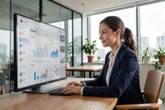 Professionnelle du commerce connecté analysant des données e-commerce sur un écran tactile dans un bureau moderne