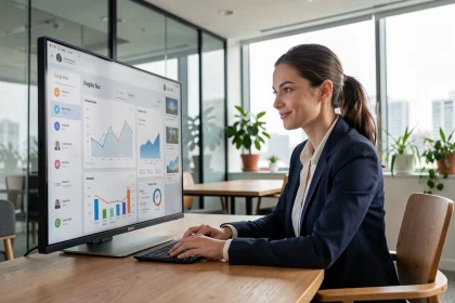 Professionnelle du commerce connecté analysant des données e-commerce sur un écran tactile dans un bureau moderne
