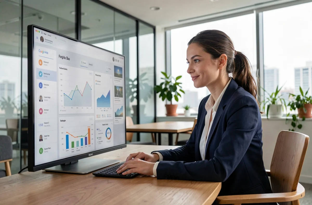 Professionnelle du commerce connecté analysant des données e-commerce sur un écran tactile dans un bureau moderne