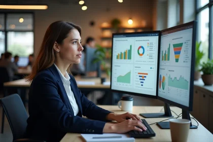 Professionnelle du marketing analysant des tableaux de bord de coût d'acquisition client sur des écrans dans un bureau moderne