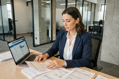 Professionnelle en logistique consultant une plateforme de procédures douanières sur son ordinateur portable dans un bureau moderne