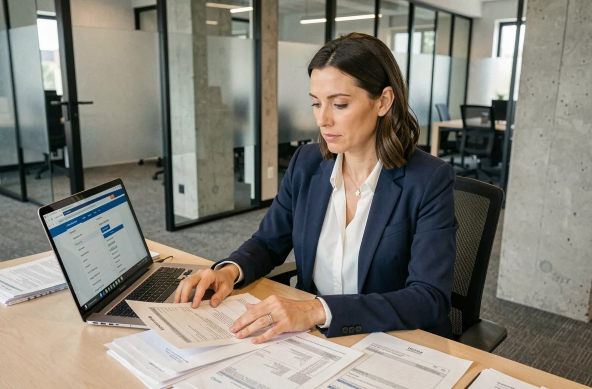 Professionnelle en logistique consultant une plateforme de procédures douanières sur son ordinateur portable dans un bureau moderne