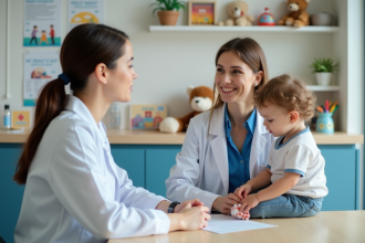 Professionnelle de santé avec mère et enfant dans une clinique