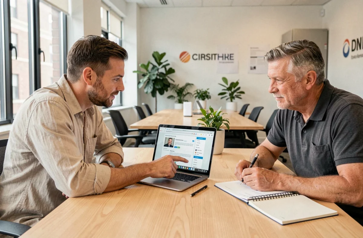 Deux professionnels du bâtiment discutant de l'optimisation d'un profil Proxichantier dans un espace de coworking
