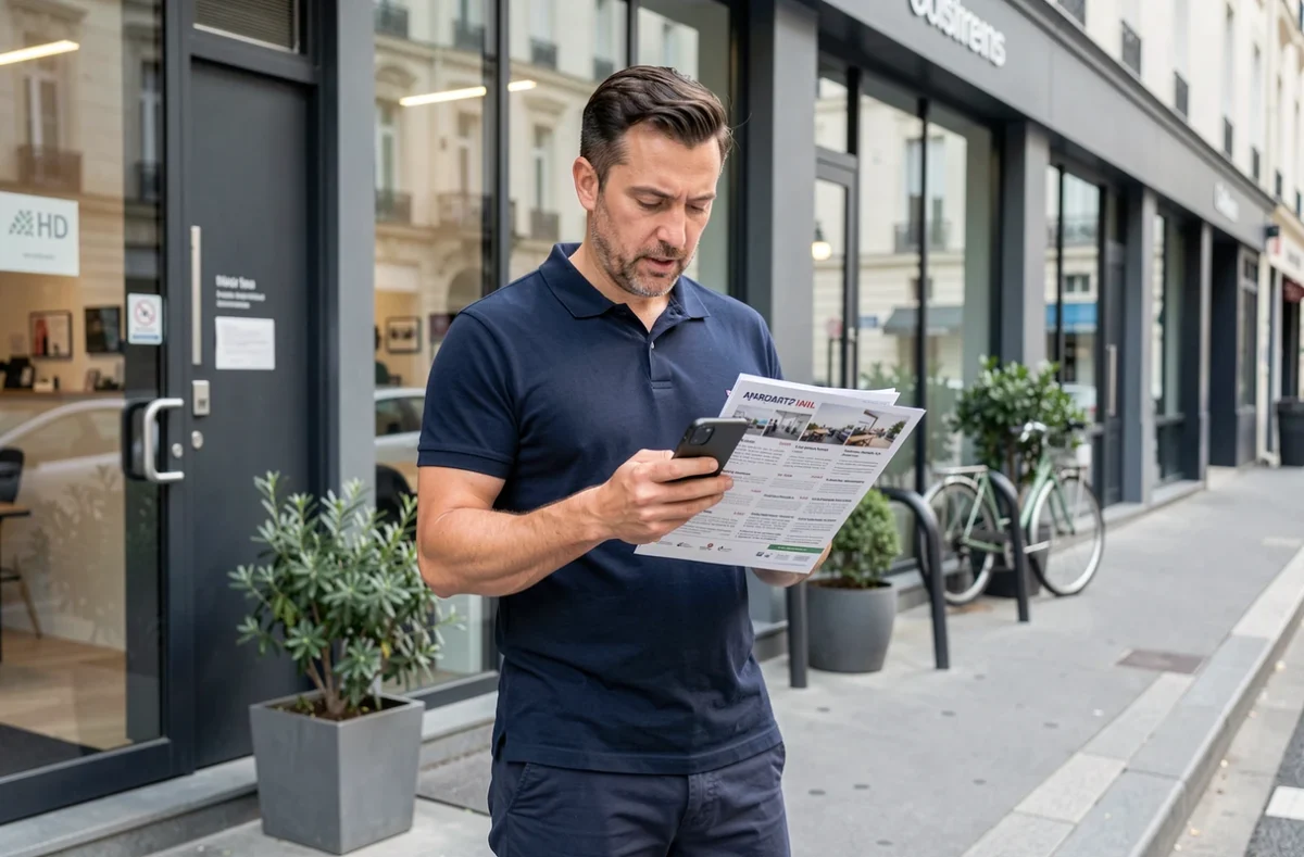 Entrepreneur consultant un programme d'événements gratuits lesentreprisesfrenchy devant un espace de coworking en France