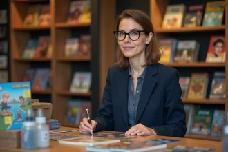 Propriétaire d'un point de vente de jeux de société debout derrière son comptoir bien organisé avant l'ouverture de sa boutique