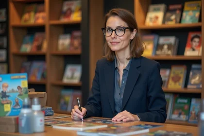 Propriétaire d'un point de vente de jeux de société debout derrière son comptoir bien organisé avant l'ouverture de sa boutique