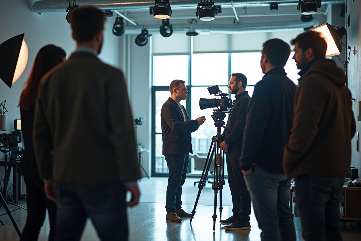Réalisateur guidant une équipe sur un plateau de tournage