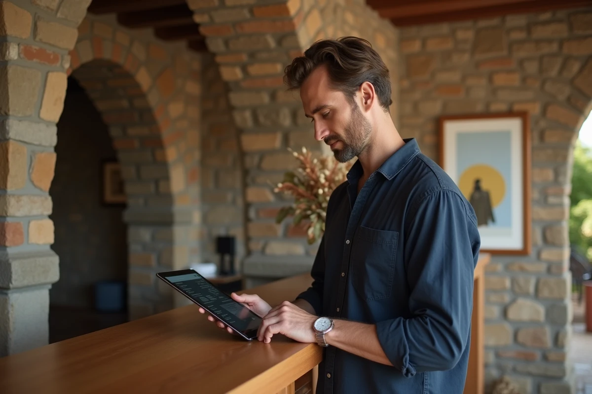 Réceptionniste d'hôtel boutique gérant les réservations multi-canaux sur une tablette à la réception