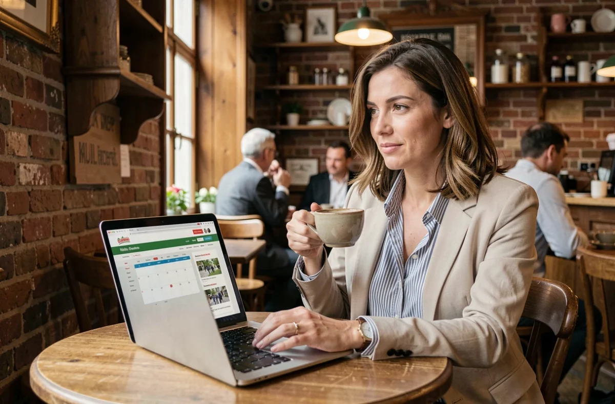 Femme entrepreneur recherchant les prochaines dates gratuites lesentreprisesfrenchy sur son ordinateur dans un café français
