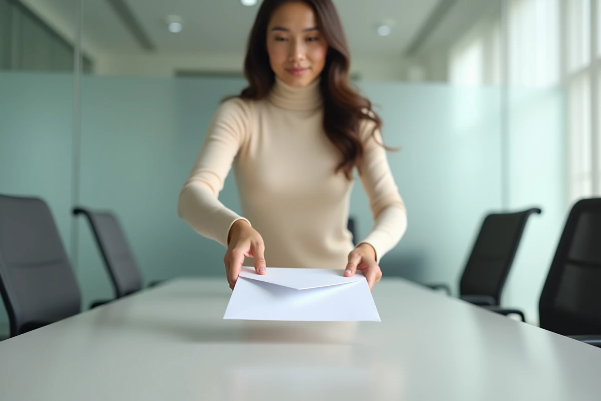 Jeune femme remettant une enveloppe de d&eacute;mission sur une table de salle de r&eacute;union en entreprise