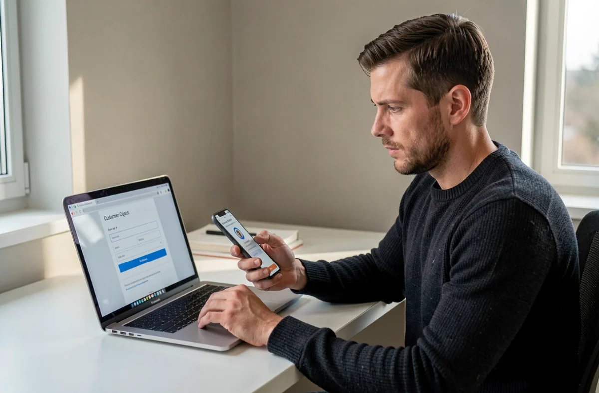 Homme consultant son compte en ligne sur ordinateur pour remplacer sa carte de fidélité Loxam perdue