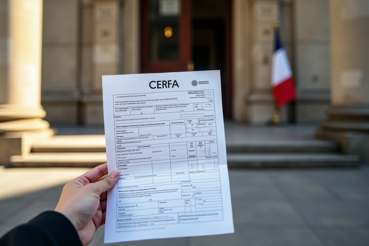 Main tenant un formulaire CERFA devant un bâtiment officiel français