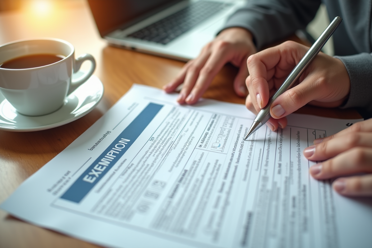 Mains remplissant un formulaire d exemption de sante sur un bureau