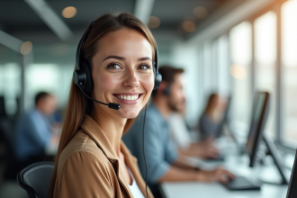 Représentant service client souriant avec casque dans call center