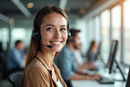 Représentant service client souriant avec casque dans call center