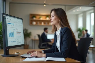 Responsable hôtelière utilisant un logiciel de centralisation des réservations Evantio sur un ordinateur de bureau dans un open space moderne