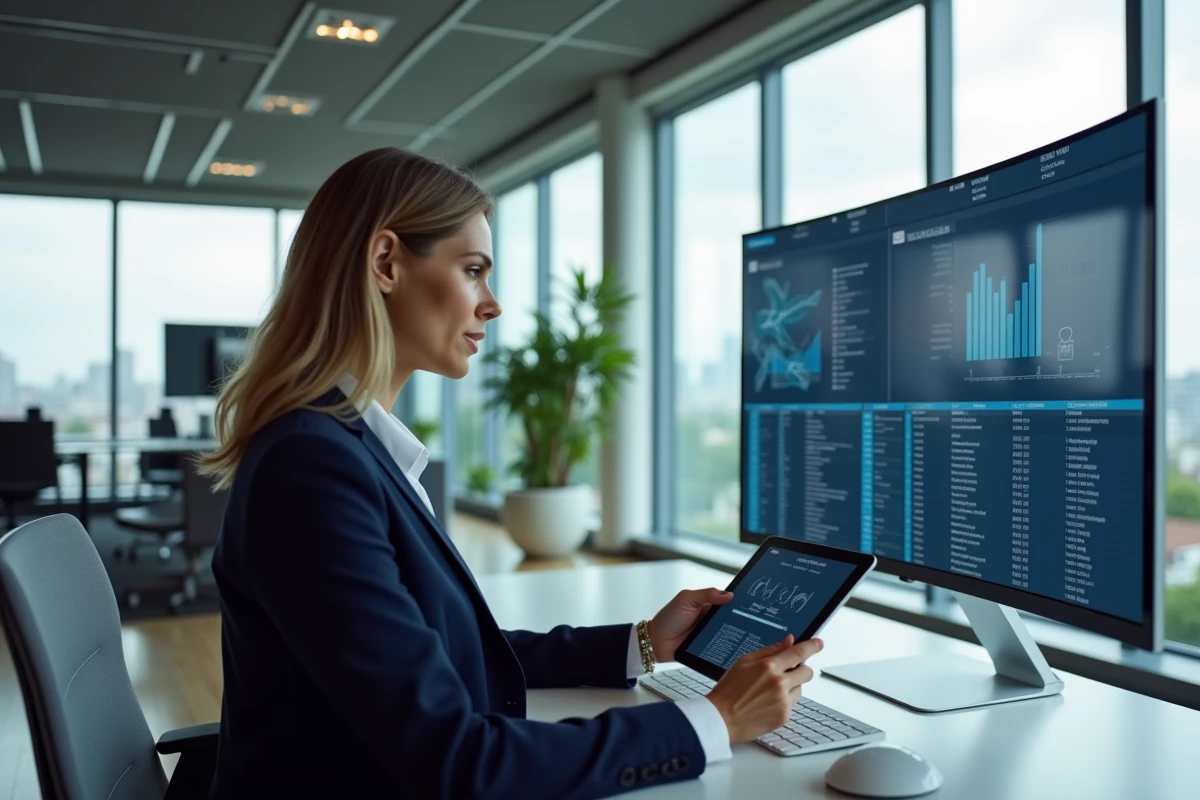 Responsable des installations assise à son poste de travail dans un centre d'opérations de bâtiment intelligent, consultant un tableau de bord unifié de supervision CVC, éclairage et accès
