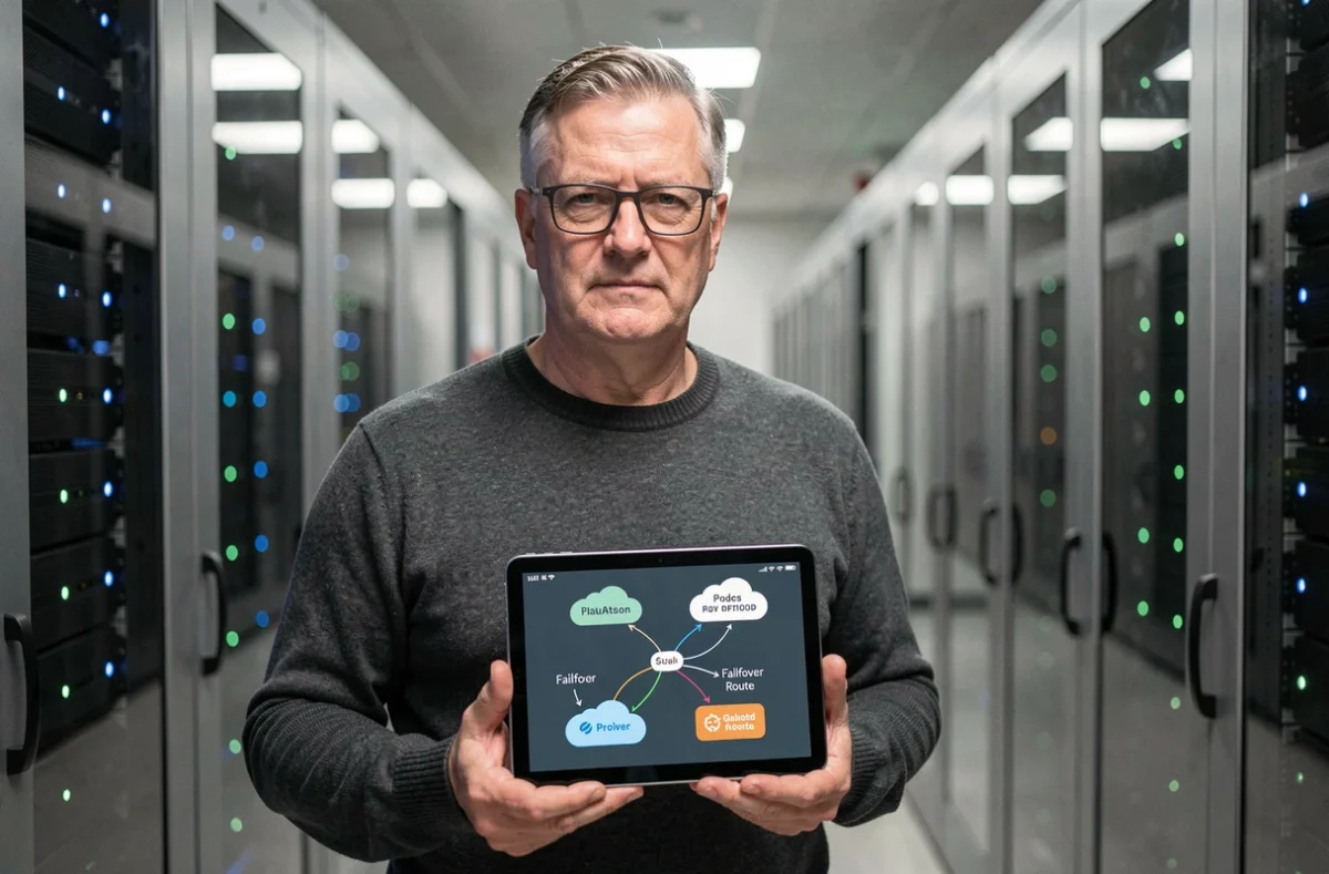 Responsable IT consultant un schéma de plan bi connexion cloud dans un couloir de datacenter avec rangées de serveurs