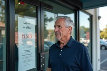 Responsable de magasin GiFi lisant un avis de fermeture affiché sur la vitrine d'entrée