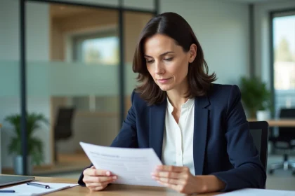 Responsable RH relisant une note de service imprimée dans un bureau moderne en open space