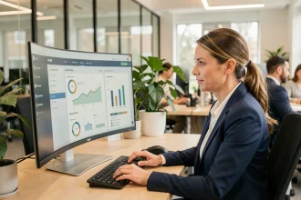 Responsable RH utilisant un tableau de bord numérique unifié pour centraliser plusieurs outils RH en un seul logiciel