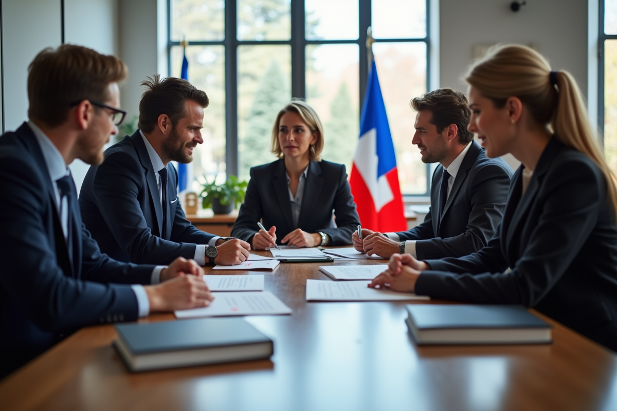 Groupe de personnes d'affaires discutant autour d'une table dans un bureau moderne avec drapeau du Quebec