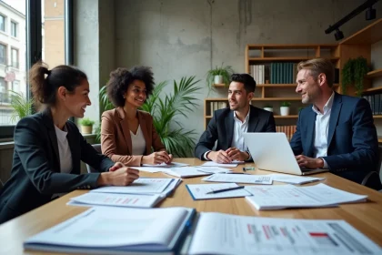 Réunion de professionnels d'une association loi 1901 et d'une organisation d'utilité publique autour de documents officiels dans un bureau associatif moderne