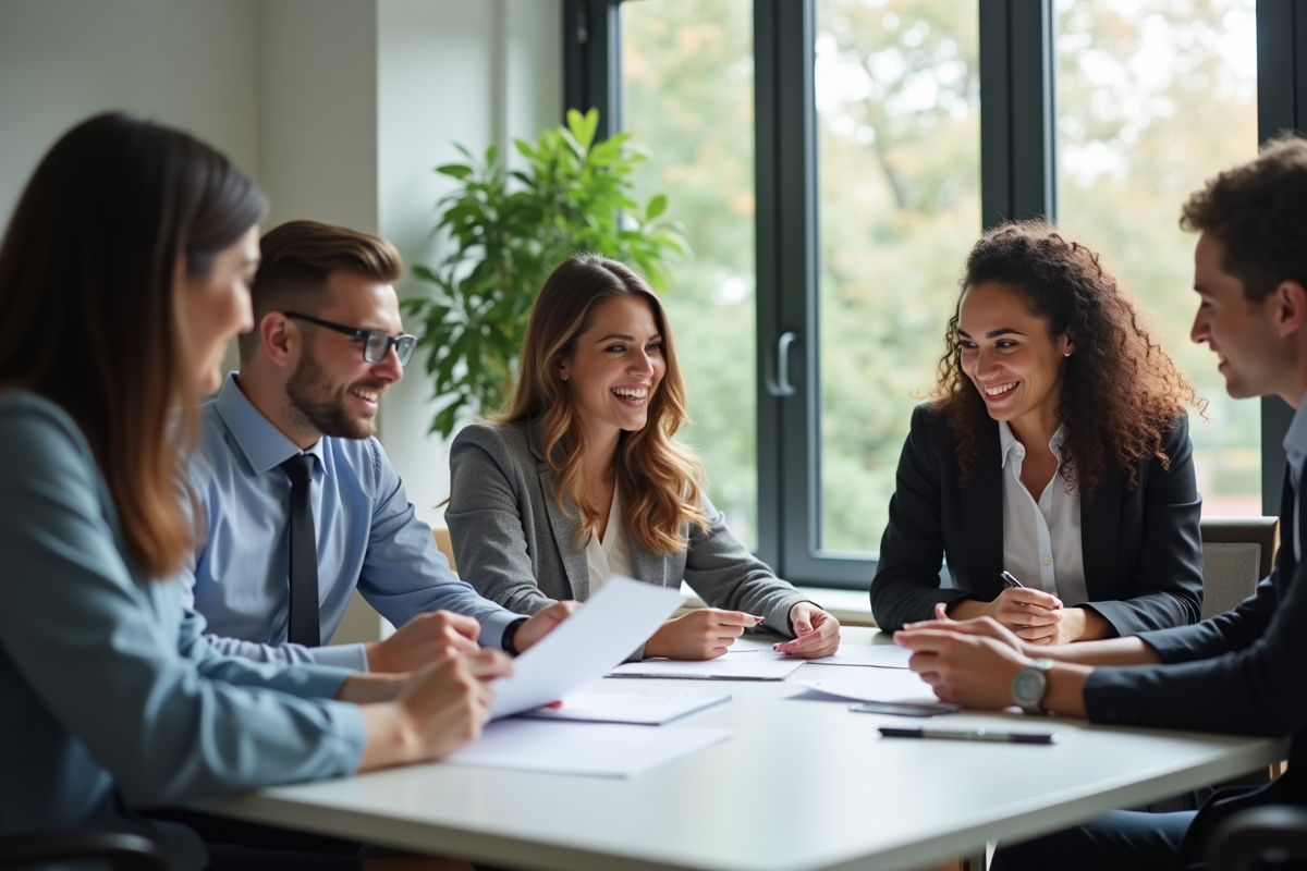 Groupe divers d'employes au bureau souriants avec documents de sante