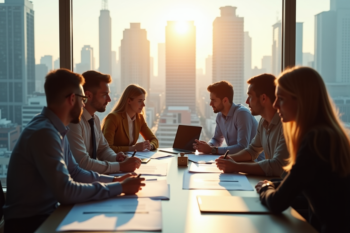 Groupe de collègues discutant stratégies dans un bureau lumineux