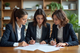 Trois professionnels signent un contrat dans un bureau lumineux