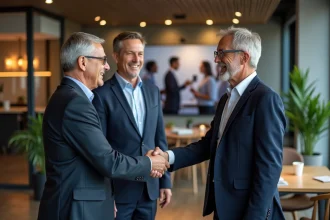 Groupe de dirigeants d'entreprise se serrant la main dans un coworking