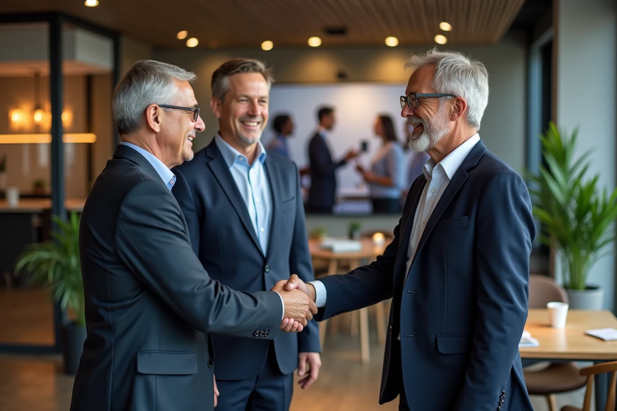 Groupe de dirigeants d'entreprise se serrant la main dans un coworking