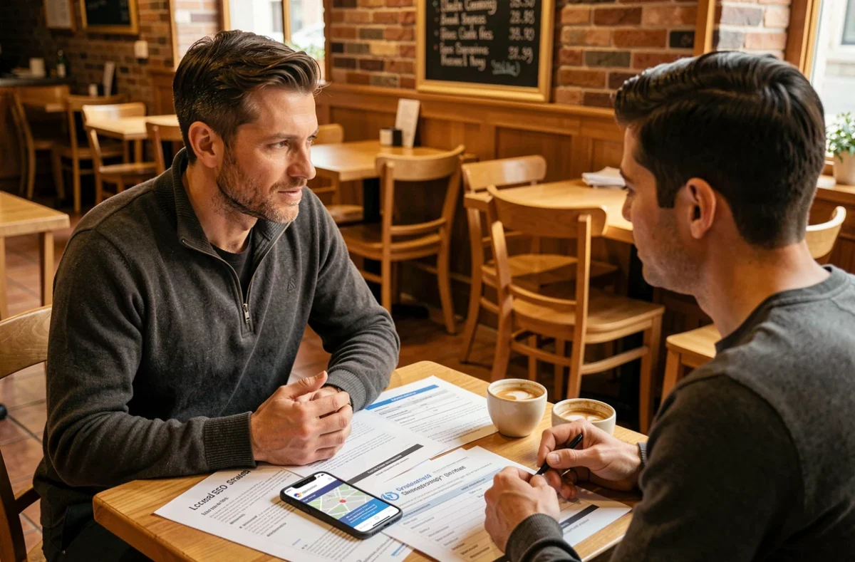 Consultant GEO en réunion stratégique avec un entrepreneur local dans un café pour améliorer sa visibilité sur les recherches géolocalisées