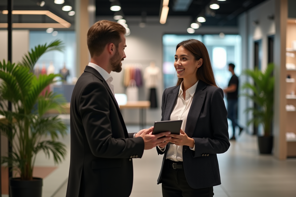 Jeune femme marketing discutant avec une collegue en retail