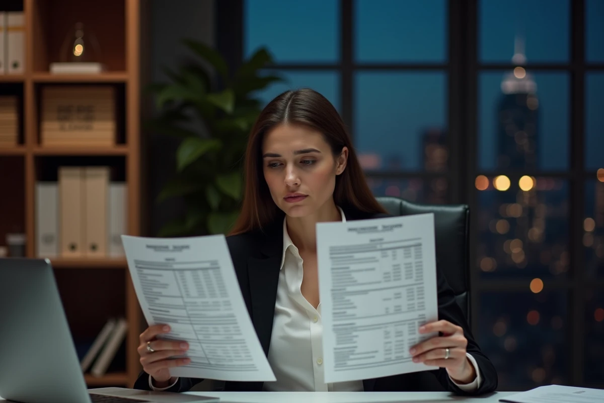 Salariée comparant son contrat de travail et sa fiche de salaire pour vérifier les majorations d'heures de nuit