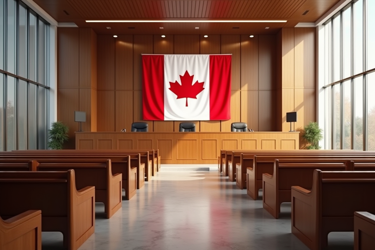 Intérieur moderne d'une salle de justice avec drapeau canadien