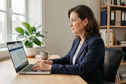 Femme utilisant un secrétariat juridique en ligne depuis son bureau à domicile pour une démarche légale