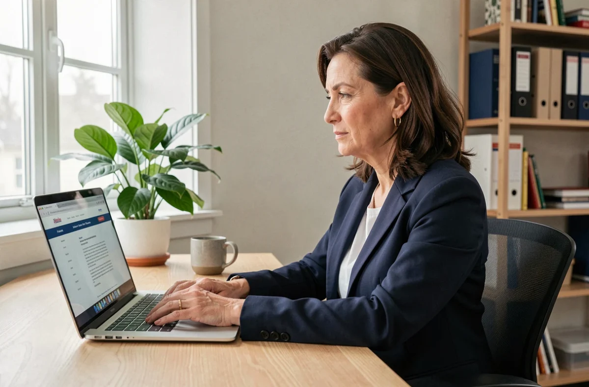 Femme utilisant un secrétariat juridique en ligne depuis son bureau à domicile pour une démarche légale