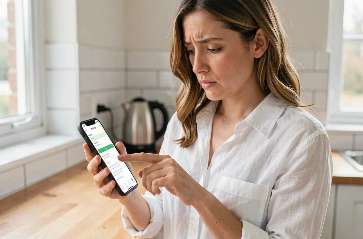 Jeune femme vérifiant les paramètres de sécurité de son compte habillement sur smartphone dans une cuisine moderne