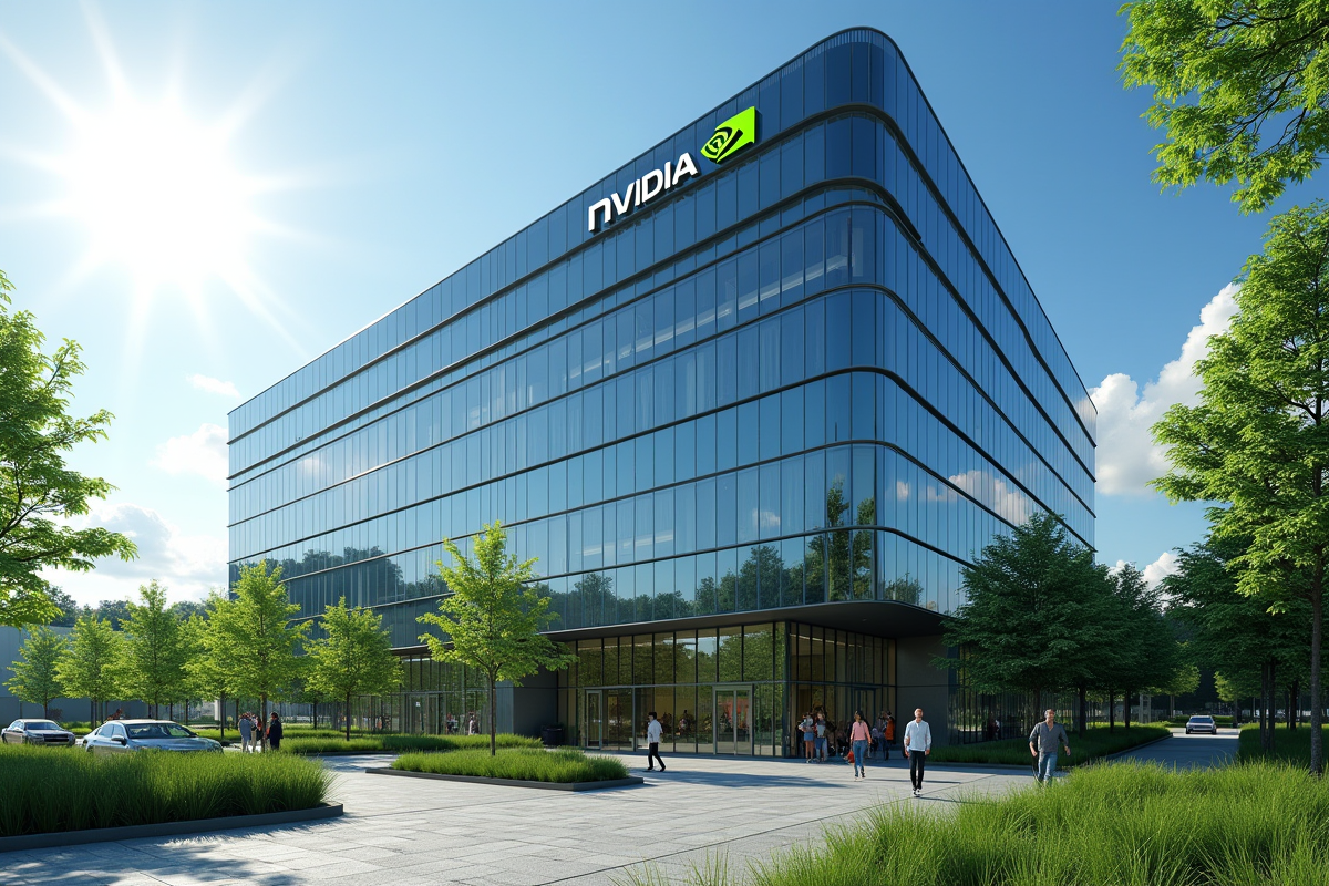 Façade moderne du siège Nvidia avec logo et paysage vert