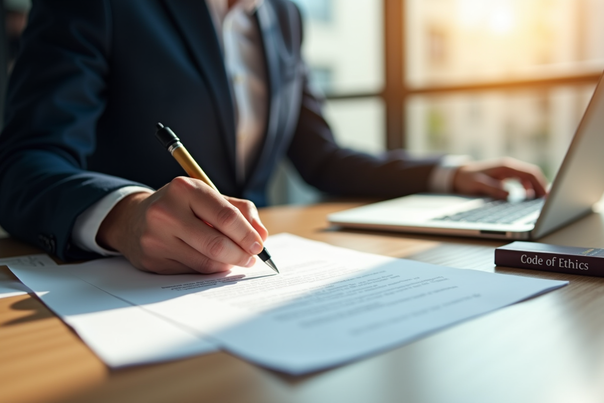 Professionnel signant un document dans un bureau lumineux