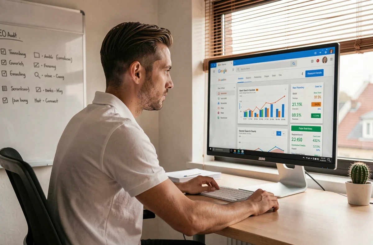 Spécialiste SEO analysant les performances d'un site internet avec des outils de référencement dans une agence web