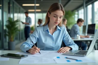 Jeune stagiaire en entreprise consultant des calculs de rémunération de stage sur des documents imprimés et un ordinateur portable dans un bureau moderne