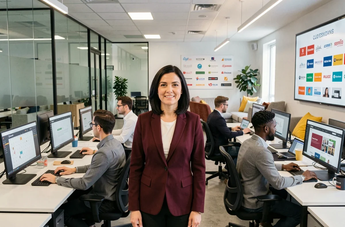 Directrice d'agence digitale supervisant son équipe dans un open space dédié à la communication globale et au web
